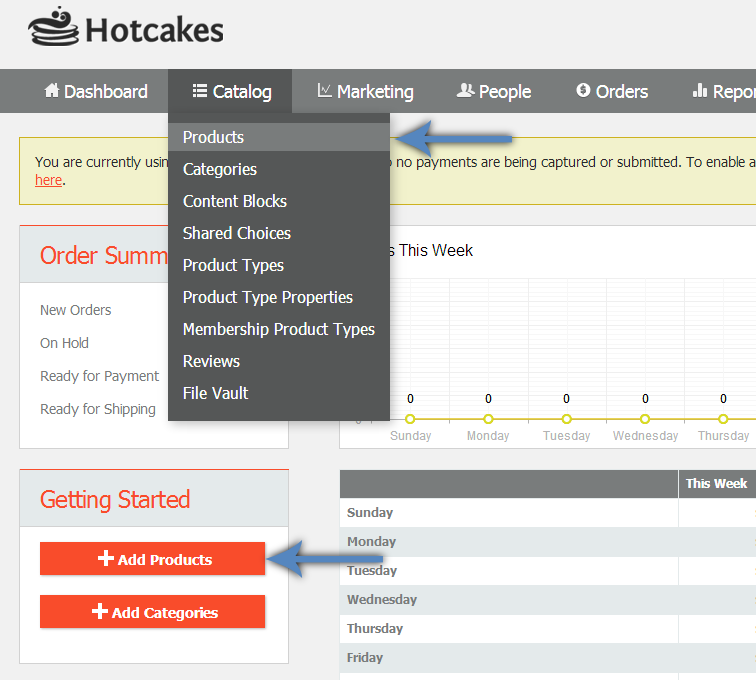 Dashboard view showing the two ways to navigate to Products